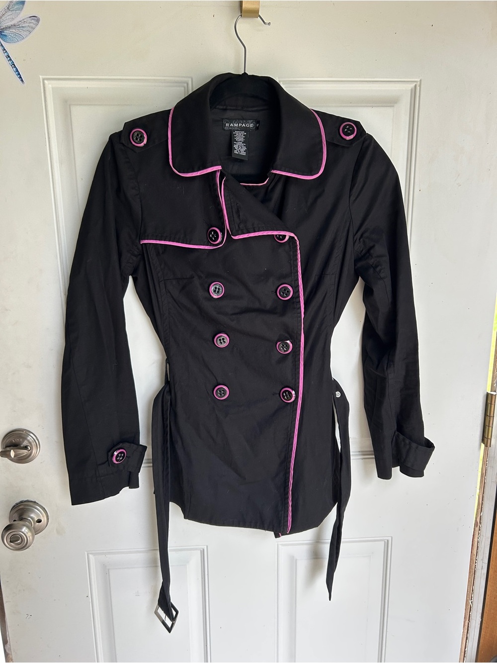 Rampage Black Trench Coat with Pink Trim